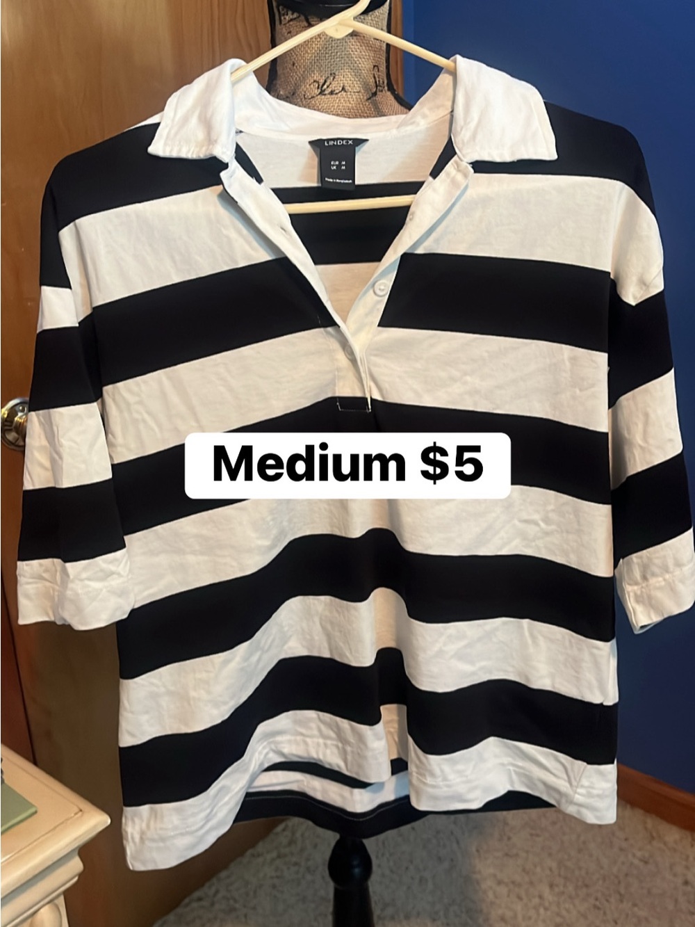 Lindex Black & White Striped Polo Top